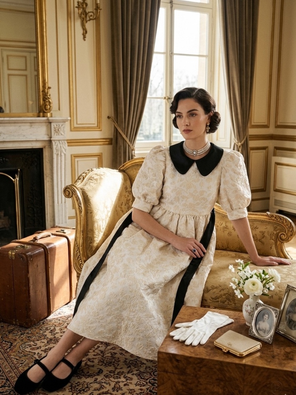 Sister Jane Jacquard Puff Sleeve Dress Black Satin Peter Pan Collar & Ribbon NWT